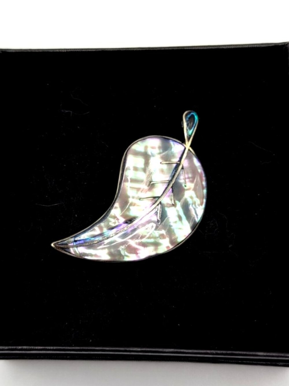 Vintage Alpaca Abalone Shell MOP Leaf Shaped Brooch Silver Tone 2" Mexico VGC